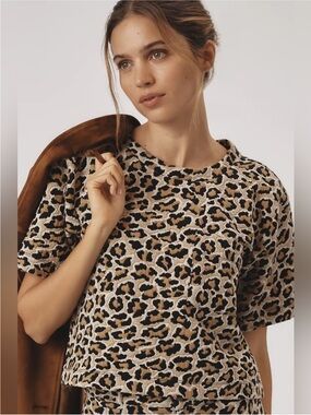 Maeve Anthropologie Leopard Print Knit Boxy Tee Large L Cropped Top